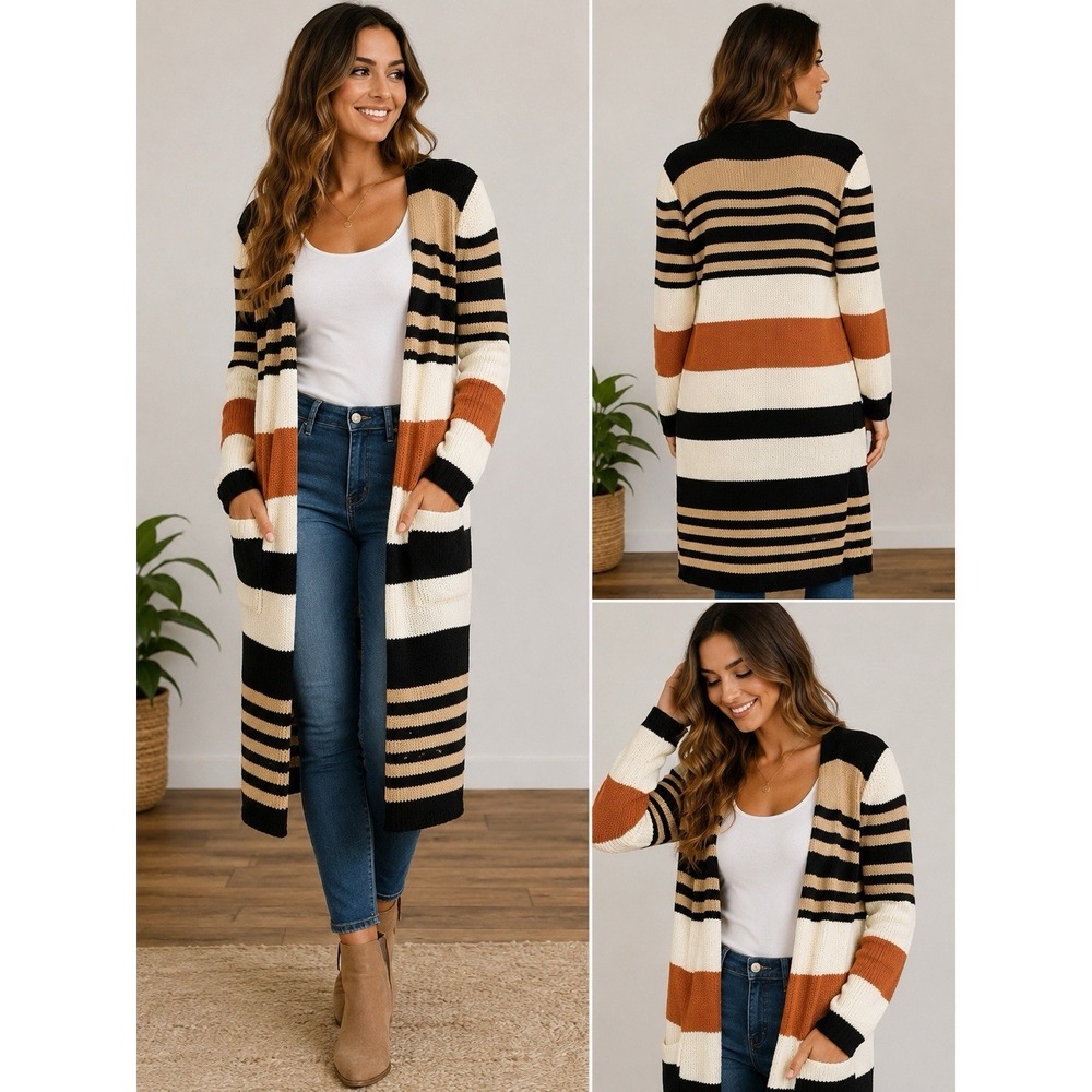 ACOA Knit Striped Belted Cardigan Sweater L Long Sleeve Black White Brown